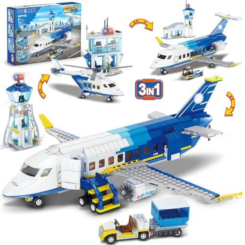 CUBIMANA City Passagierflugzeug Baukasten Set, 3 IN 1 Flugzeug Baukasten mit Terminal, Radarturm, Gepäckwagen Flugzeuge Modell Bausteine Spielzeug Geschenk für Jungen Mädchen Kinder 6 7 8 9+ Jahre alt