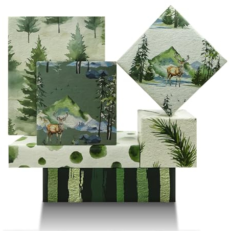 Carta da regalo verde acquerello, 6 fogli di carta da regalo natalizia con renne boschive, 6 fogli, 6 disegni, carta da regalo per Natale, capodanno, baby shower, album fai da te