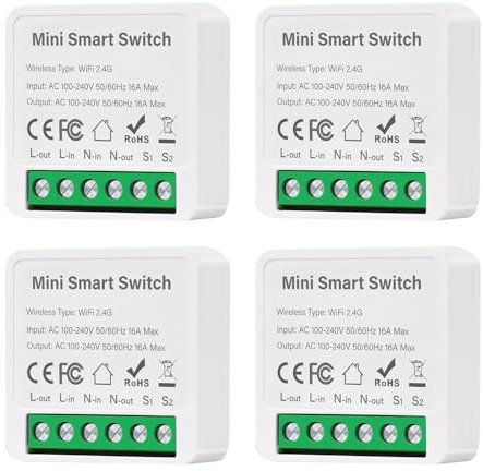 Vmxlso 4 Stück Smart Lichtschalter Modul - Smarthome Kompatibel Mit Tuya App, Alexa Und Google Home - Mini WLAN Smarter Schalter, Neutralleiter Erforderlich, Passt Hinter Wandschalter