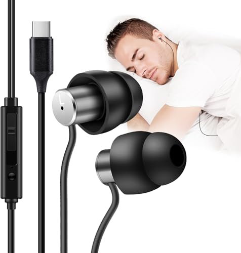 AGPTEK Schlaf Kopfhörer Ohrstöpsel, Mini In-Ear weiche Silikon-Schallisolierung Kopfhörer mit USB C Stecker, Superkomfortable Ohrstöpsel mit Mikrofon und Lautstärkeregler für Schlaf, Schwarz