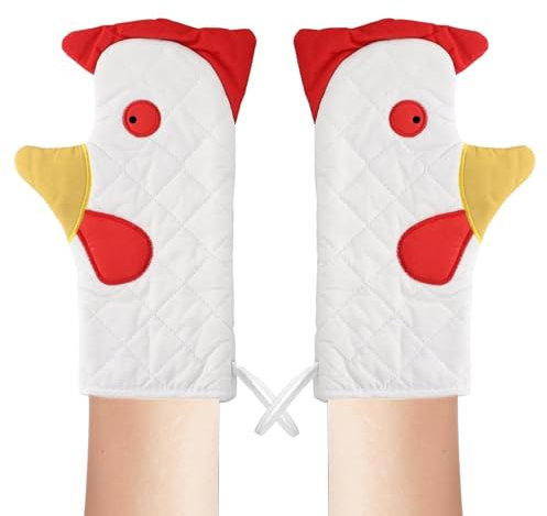 YFaith Ofenhandschuhe Lustig, 1 Paar Hahnenform Backofen Handschuhe mit Doppelschicht, Topfhandschuhe Hitzebeständig mit Umhängeband, Küchenhandschuh für Ofen, Grill, Mikrowelle, Topflappen