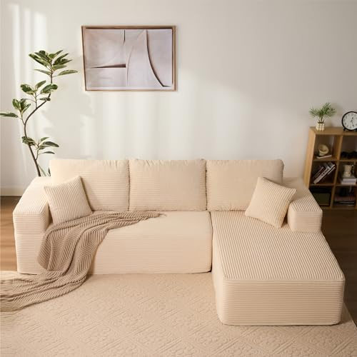 Litbird 272cm L-Shaped Boneless Sofa, Corduroy Fabric, White