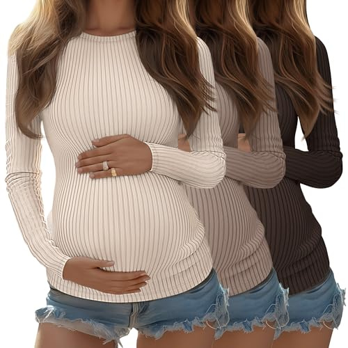 Riyiper Confezione da 3 Magliette Premaman da Donna, Maniche Lunghe, in Maglia a Coste, Tuniche in Cotone, Top Autunnali(Albicocca, Cachi, Marrone,XL)