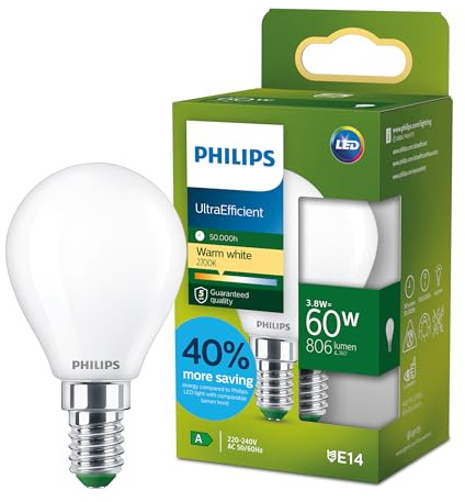 Philips LED UltraEfficient frostad P45 ljuskälla, E14 sockel, energiklass A, 806 lm, 60W ekvivalent, varmvit (2700K), EyeComfort, 50 000 timmar, 1 st