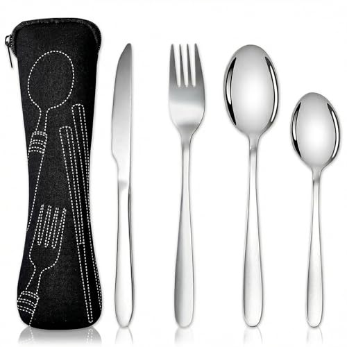 4pcs Portable Stainless Steel Cutlery Set, Reusable Flatware Utensils with Pouch for Camping Travel Picnic Office School Lunch Box
