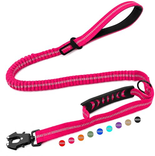 Olcyren Laisse Tactique pour Chien, Laisse Élastique Réfléchissante avec Ceinture de Sécurité pour Chiens, Laisse Anti Traction pour Chien avec 2 Poignées, pour Moyens et Grands Chiens, Rose