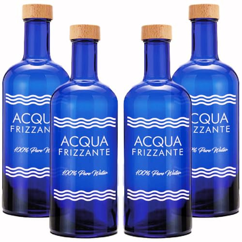 BrandPrint Juego de 4 botellas de cristal azul modelo ISIDE, 750 ml, serigrafía 4 chispeante, tapón de rosca revestido de madera | Botella de cristal agua solarizada