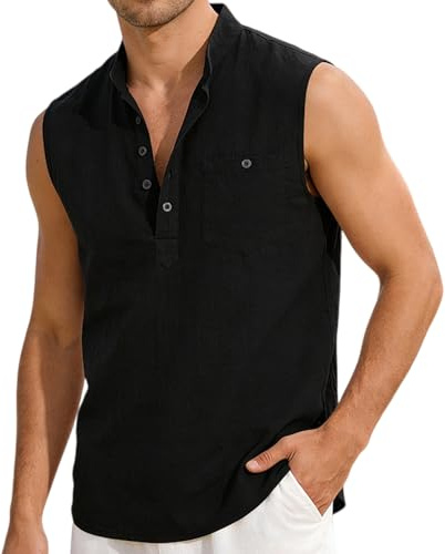 Rewlawn Camisa de Lino para Hombre Henley Camiseta sin Mangas Hawaianas para Playa Verano Tiempo Libre Transpirable Camiseta básica Chaleco con Bolsillo
