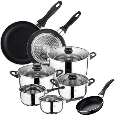 Batería de cocina SIP 8 piezas (dos cazos + tres ollas con tapa de vidrio) con Set de 3 sartenes Ø16/20/24 cms., inducción
