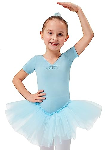 tanzmuster ® Ballettkleid Mädchen Tutu - Nele- aus weichem Baumwollstoff mit Glitzersteinen fürs Kinder Ballett Ballettbody Ballett Trikot, Hellblau 128-134