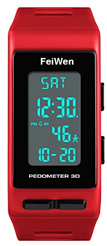 FeiWen unisex multifunktion utomhus sport stegräknare klockor för män och kvinnor LED digital display kaloriräknare plastfodral med gummiband enkel design rektangel urtavla rem Röd