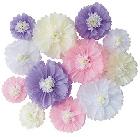 Lavender Pink White Tissue Paper Flower for Neutral Girl Baby Shower Party Birthday Baby Girl Room Nursery Decoration Pack of 12