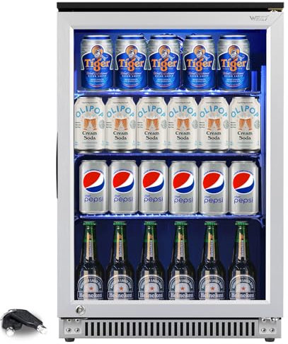 Weili 120 Can Mini Fridge with Glass Door, 20 Inch Beverage Fridge with Lock & Blue LED Light, Auto Defrost, 36-50°F Freestanding or Under Counter Refrigerator and Cooler for Home, Office