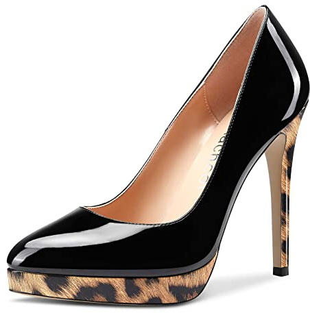 Aachcol Femmes Plate-Forme Aiguille Haut High Talon Heel Escarpins Fermé Pointu Bout Slip-on Chaussures Mariage Bureau Party Dress Classique 12 CM Noir Léopard 43 EU