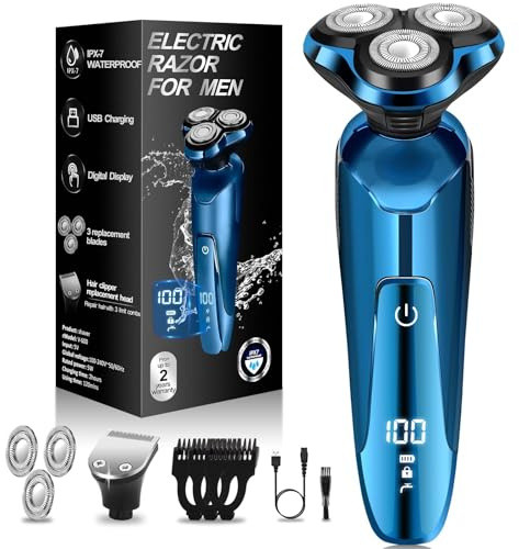 2023 Electric Razor for Men,Electric Shaver for Men, 5 in 1 Waterproof Rotary Men's Face Shaver Cordless Face Razor USB Rechargeable for Shaving Ideas Gift for Dad Husband (Blue Shaver+Head)