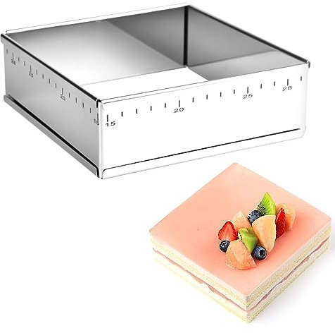 Guowall Adjustable Square Mousse Cake Mould, Stainless Steel Expandable Rectangular Baking Frame for Mousse Cakes, Tiramisu, 15 to 28 cm