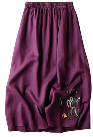 TEidea Damkjolar broderade svarta bomulls- och linnekjolar, löst elastiskt bälte A-linje midi-kjolar, Lila, XL