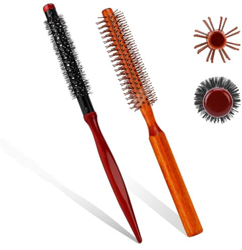 Kleine Rundbürste zum Föhnen, 2 Stück Mini-Tolle-Rollenbürsten, tragbare Lockenbürste, Reise-Rundbürste mit Holzgriff und Nylonborsten, Styling-Haarbürste für Locken, kurzes Haar, dünnes Haar
