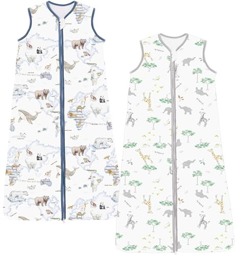 Chilsuessy Schlafsack Baby 2er Pack 2.5 Tog Winterschlafsack Babyschlafsack aus Baumwolle Winter Schlafanzug ohne Ärmel für Kinder, Giraffe Wald + Tier Karte, 130cm/Baby Höhe 120-140cm