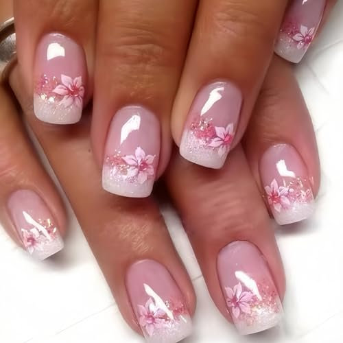 Kabwea 24 Stück Press On Nails Kurz Quadrat Fake Nails Mit Blumen Designs, Press On Nails, Fake Nails, Nails, NäGel Zum Aufkleben, KüNstliche NäGel, Nail