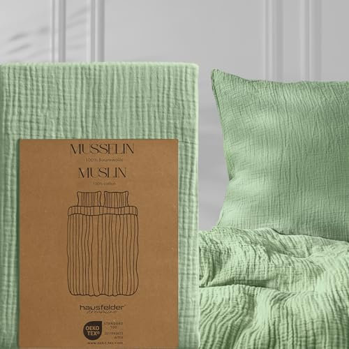 Hausfelder Musselin Bettwäsche 135x200 cm Grün, Bettbezug 135 x 200 cm aus atmungsaktiver Baumwolle, Oeko-TEX zertifizierte Decke, weiche Musselinbettwäsche 135x200cm