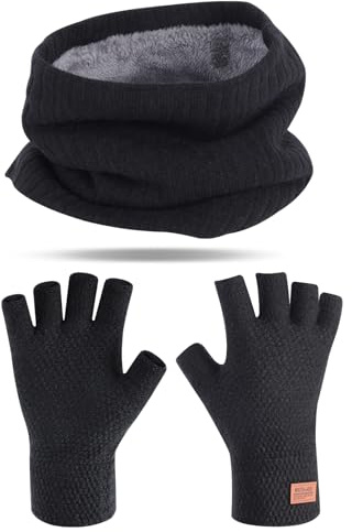 2 in 1 Nero Inverno Caldo Sciarpa e Guanto Set, Sciarpa a Maglia Calda da Uomo e Guanti Caldi Senza Dita, Sciarpa da Esterno Spessa e Morbida Guanti Caldi a Maglia Mezze Dita per Ciclismo Sci