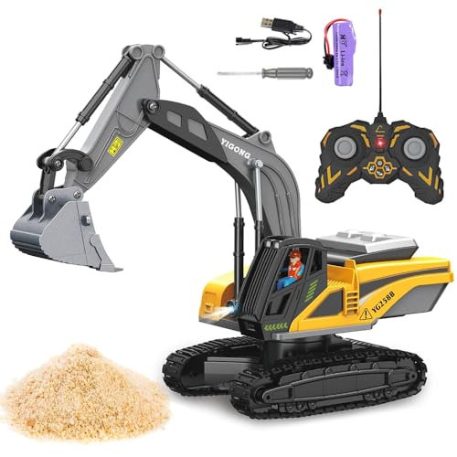 Hojalis Télécommande Excavatrice Jouets, 2.4 Ghz Pelleteuse Télécommandée, Excavateur Rechargeable avec Pelle en Métal, avec Lumière et Son, Jouet de Creusage pour Garçons de 6 à 14 Ans
