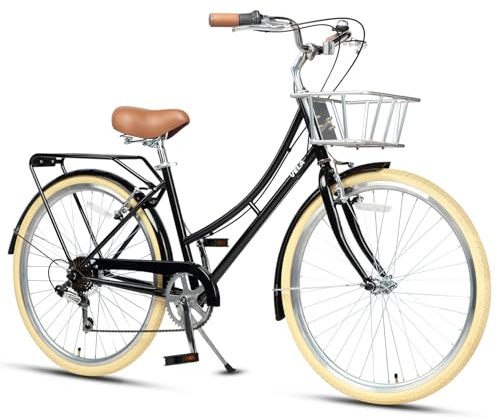 AVASTA 26-tums hybridcykel, lätt step-through-hi-tenn-stålram för stadstrafiken, 6-växlad komfort stadscykel med metallkorg med snygga beige däck för kvinnor, svart