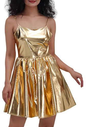 Robe Disco Femme sans Manches- Robe Patineuse Cuir Verni Plissée Sexy à Bretelles Couleur Unie Coupe Slim Chic Et Élégants Classiques Décontracté Fluide pour Clubwear Party Mini Dress