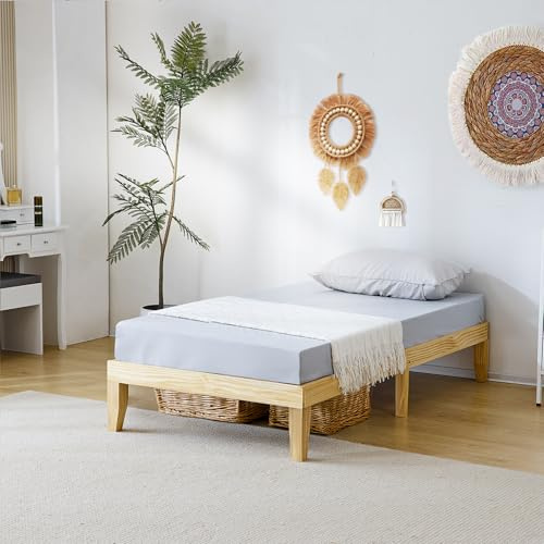 Bonnlo Cadre de Lit, Sommier à Lattes en Bois, Support à Lattes, Lit Simple sans Matelas, en Bois Naturel pour Adulte, Espace de Rangement, 90 x 200 x 30.5 cm
