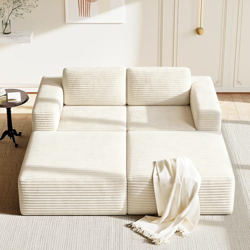 Vesgantti 202 cm Modulares Ecksofa, 2-Sitzer Sofa mit Schlaffunktion aus Cord, mit Federkern & 3D-Schaum, extra tiefer Sitzfläche, Polstersofa mit Ottomane, ohne Montage, Rutschfester Boden, Beige