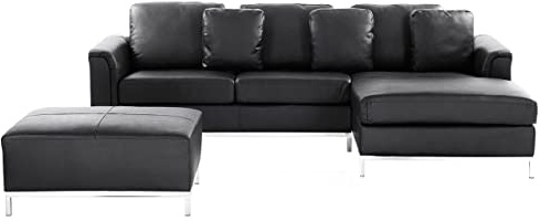 Canapé Angle à Gauche en Cuir Véritable Noir et Pouf Ottoman Housses Amovibles Oslo