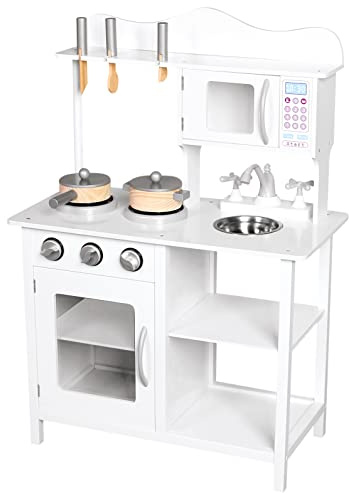 Mertens Kinderküche Amelie mit Zubehör, Spielzeug für Kinder ab 3 Jahre (Kinderzimmer Zubehör aus Sperrholz, 8 teilig, hochwertig & massiv, inklusive Kochzubehör), Weiß