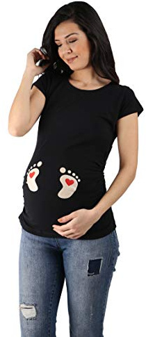 M.M.C. Impronta Bambino - Simpatica graziosa T-Shirt Premaman Manica Corta per la Gravidanza (Nero, Large)
