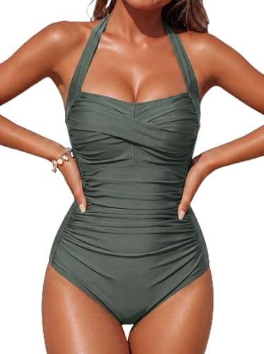 Smismivo Tummy Control Swimwear One Piece Modest Swimming Costume Women Ladies Full Body Vintage Retro Halter Neck Swimsuit Plus Size Push Up Padded Bathing Suit Olive Green