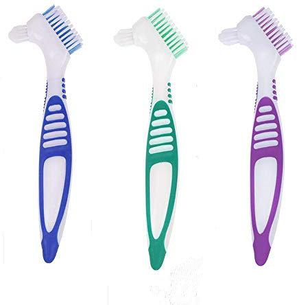 RongLeDAI Zahnersatz-Reinigungsbürste, tragbare Zahnbürsten mit mehrschichtigen, weichen Borsten und doppelt abgewinkelten Borsten (Blau, Grün, Violett), 3 Stück