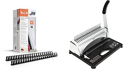 Peach PB422-02 Plastikbinderücken DIN A4, 22 mm, 210 Blatt, 50 Stück, schwarz & Amazon Basics - Bindegerät