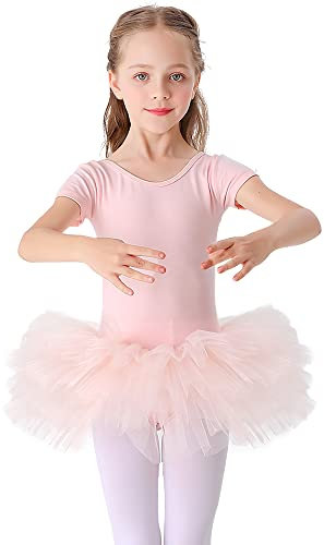 Bezioner Kinder Ballettkleidung Tütü Ballettkleid Mädchen Baumwolle Balletttrikot Kurzarm Ballettanzug Tanzbody mit Rock Rosa Offener Schritt mit Knopf 120