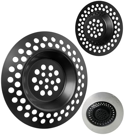 Avloppssil av rostfritt stål, 2 delar, Ø 70 mm utvändigt, 42 mm invändigt, sticker ut 9,5 mm i diskhon, i svart Avloppssil för diskbänk, tvättställ, duschkar, badkar, hårfilterkorg och matavfallssil