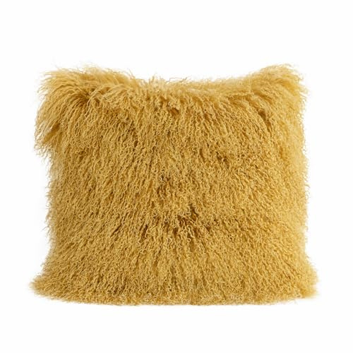 MOOX Mongolian Lamb Fur Pillow Covers Lumbar Throw Sheepskin Pillow Case Genuine Wool Fur Tibetan Accent Living Room Bedroom Decorative Cushion Cover (20x20inch, Gold)