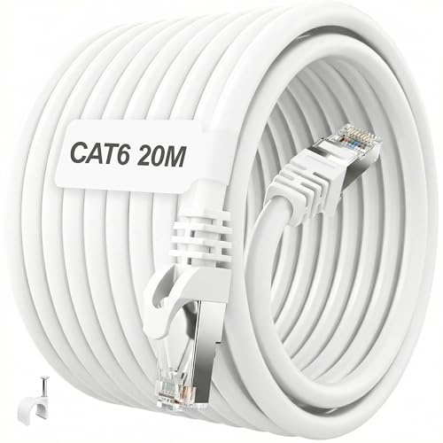 ikbc Ethernet Cable 20m Cat 6 FTP, Gigabit RJ45 Nätverkskabel Vit Lan Kabel | 1000Mbps Internetkabel, RJ45 Kabel för Fiber, Stabila 23AWG Ledare, för Gaming och PS5, Inkluderar 20 Klämmor