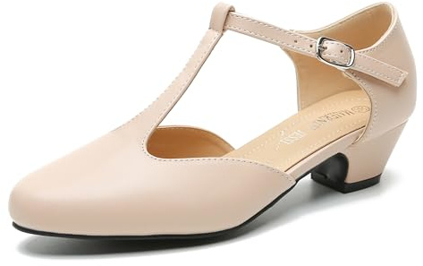 MAIERNISI JESSI Women's T-Strap Mary Jane Pumps, Low Block Heel, Closed Toe, Buckle Ankle Strap Nude Matte 38 - US 7