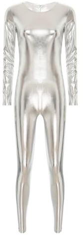 Oyolan Briljant metallisk dans trikådräkt dam jumpsuit långärmad bodysuit gymnastik kostym unitard-show, Färg: silverfärger, S