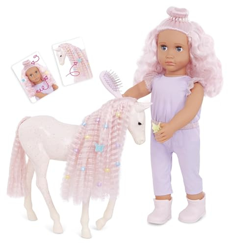 Our Generation Elara y Lumina, Set de muñeca y Potro de 46 cm | Muñeca de 46 cm con potro, mono lila y accesorios de peinado para crear looks y aventuras ecuestres, 5 años y +