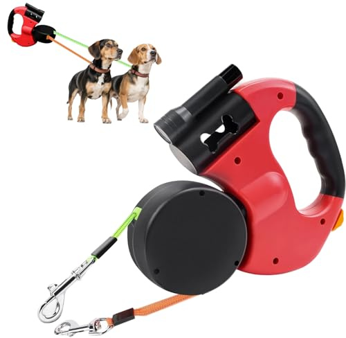 3m Rollleine für 2 Hunde, Doppelleine Hundeleine mit LED-Licht, 360° Drehbar, Reflektierendes Nylon, Verstellbar, für Kleine & Große Hunde, Rot
