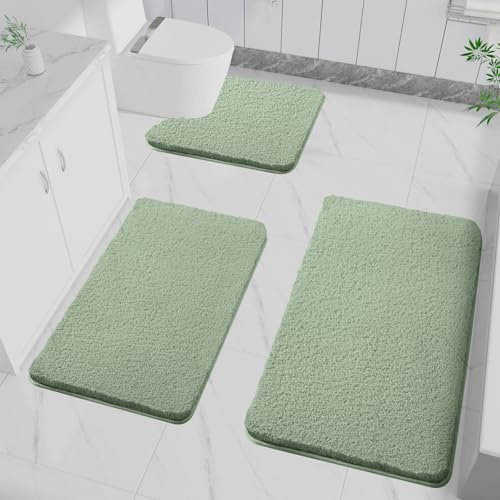 LUOJINYI 3 Stück Badematte rutschfest, Weich Wasserabsorbierende, Shaggy Hochflor-Mikrofasermatte für das Badezimmer, Badvorleger Maschinenwaschbar für Badewanne, Dusche und Badezimmer (Grün)