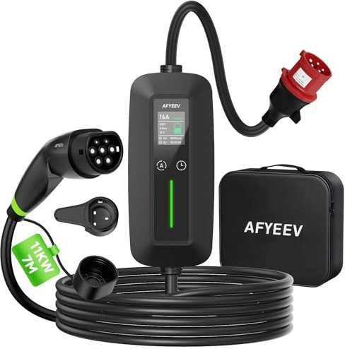 AFYEEV Typ 2 Ladekabel 11kW, 3-Phasig, 7M, 6-16A, Mobile Wallbox Ladestation mit CEE Stecker, Einstellbarer Ladeleistung EV Ladegerät für IEC 62196-2