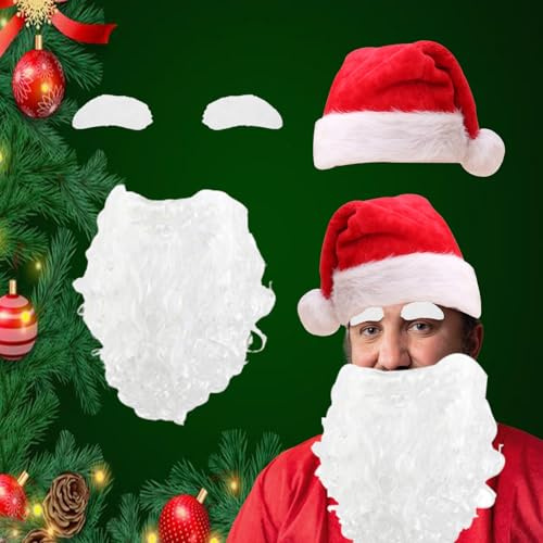Wekuw 3 Pièces Barbe et Chapeau de Pere Noel,Accessoires Père Noël, Bonnet de Barbe avec Sourcil Barbe de Noe Adulte Accessoires pour Adulte Déguisements