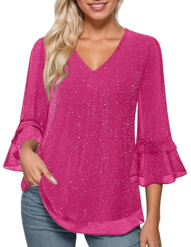 Blusa para mujer con purpurina, vestido de Nochevieja, cuello en V, lentejuelas, blusas festivas, 3/4, falda de malla, jersey elegante, camiseta de manga larga, boda, fiesta, túnica, blusas para mujer