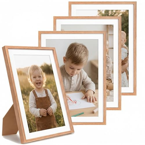 A4 Picture Frame Oak Set of 4, Wooden Poster Frame A4 Frames Durable Photo Frame for Prints, Certificate, Gallery, Photos, and Posters - Wall Mountable and Tabletop Display - Light Oak